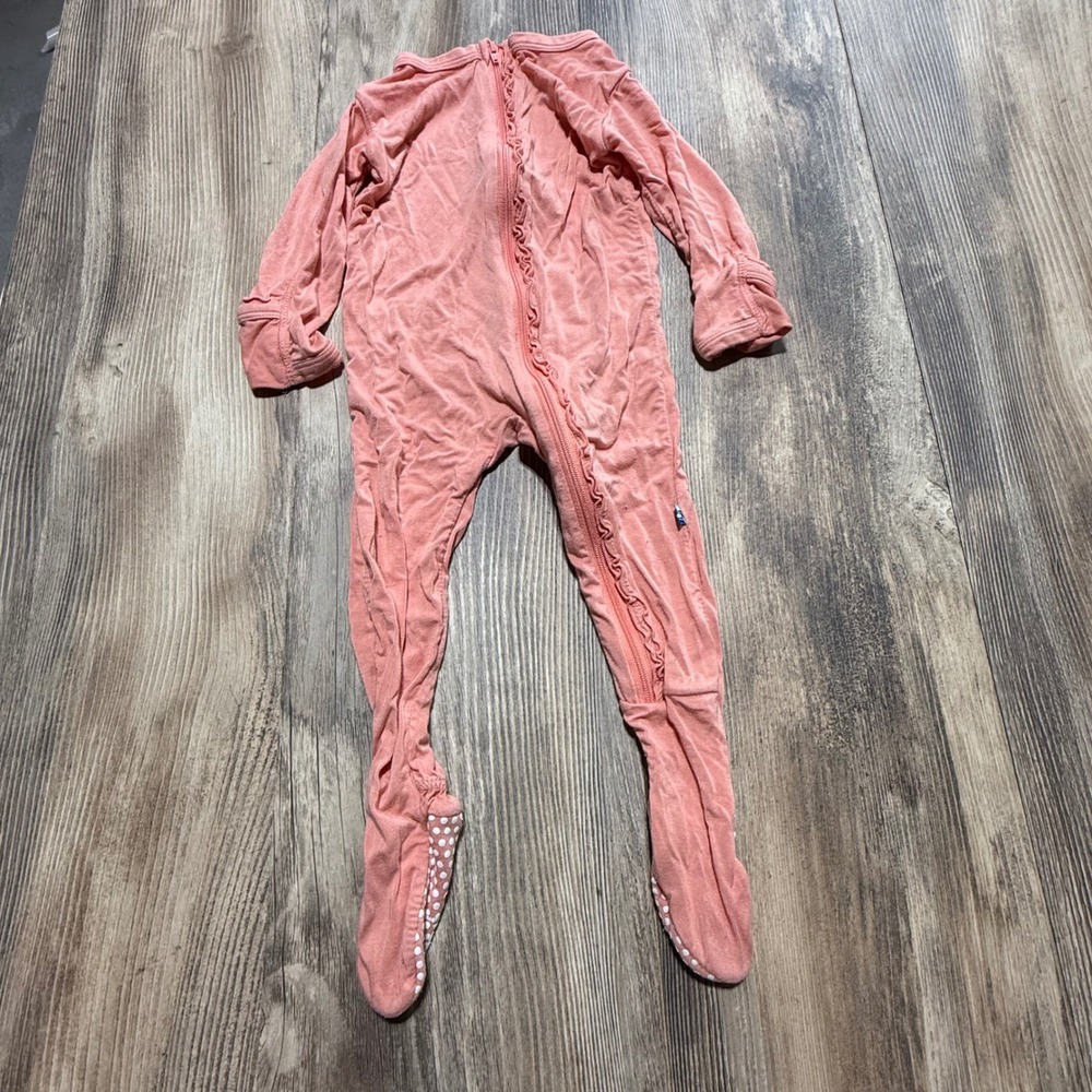 KicKee Pants Coral Pink Ruffle Bamboo Footie Pajamas 6-9 Months Baby Girl